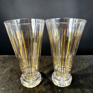 Vintage Mid Century Gold Silver Striped Footed Pilsner Cups Glasses Set of 2 VTG